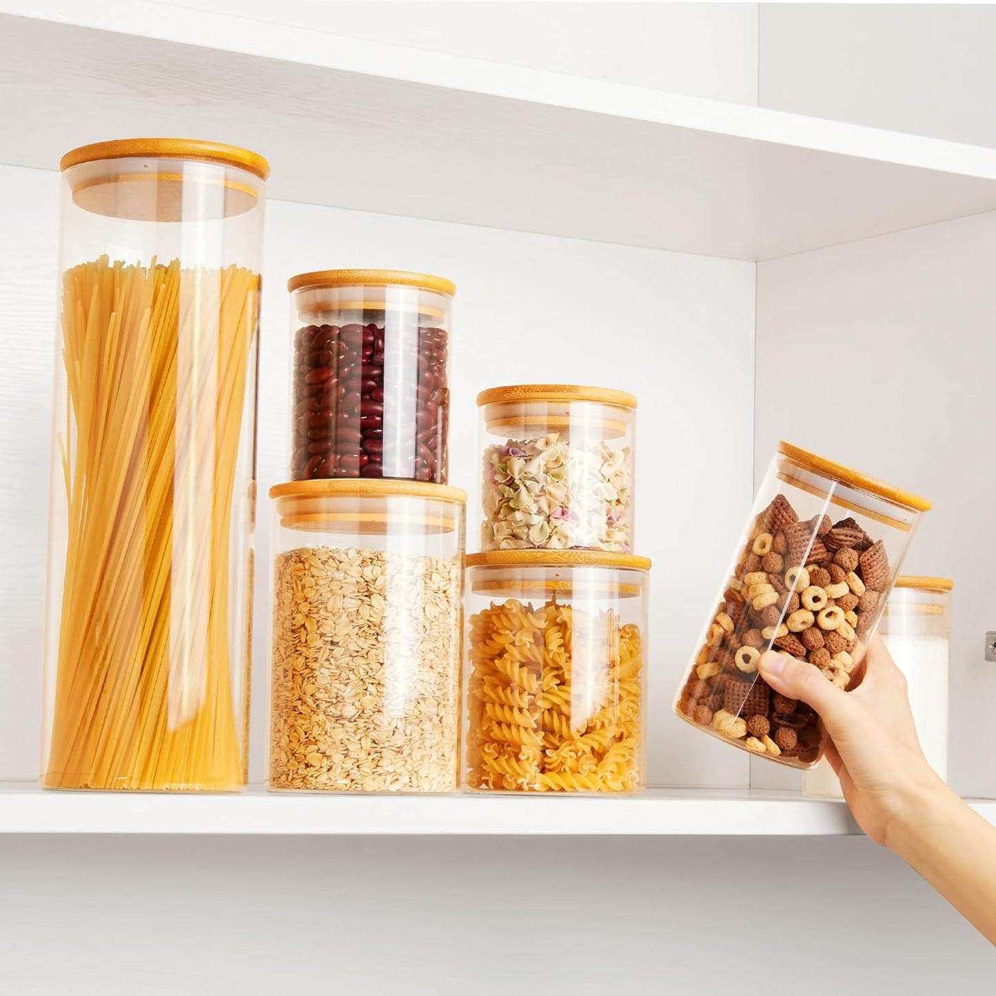 Glass Food Storage Jars, 7 Pack Kitchen Containers with Airtight Bamboo Wooden Lids for Pasta, Cookies, Nuts, Coffee Beans, Cereal, Canisters Set for Flour, Pantry Organization, BPA Free
