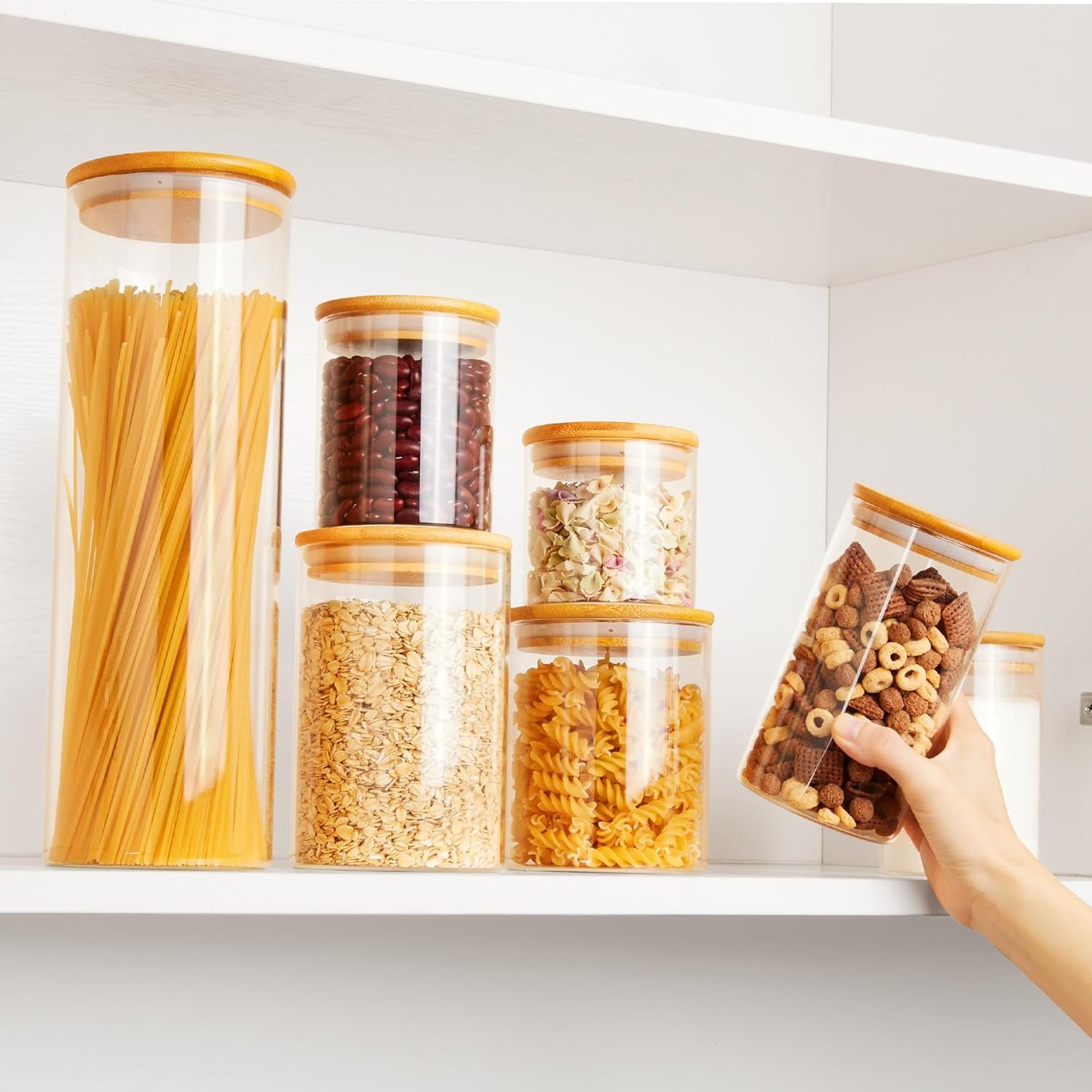 Glass Food Storage Jars, 7 Pack Kitchen Containers with Airtight Bamboo Wooden Lids for Pasta, Cookies, Nuts, Coffee Beans, Cereal, Canisters Set for Flour, Pantry Organization, BPA Free