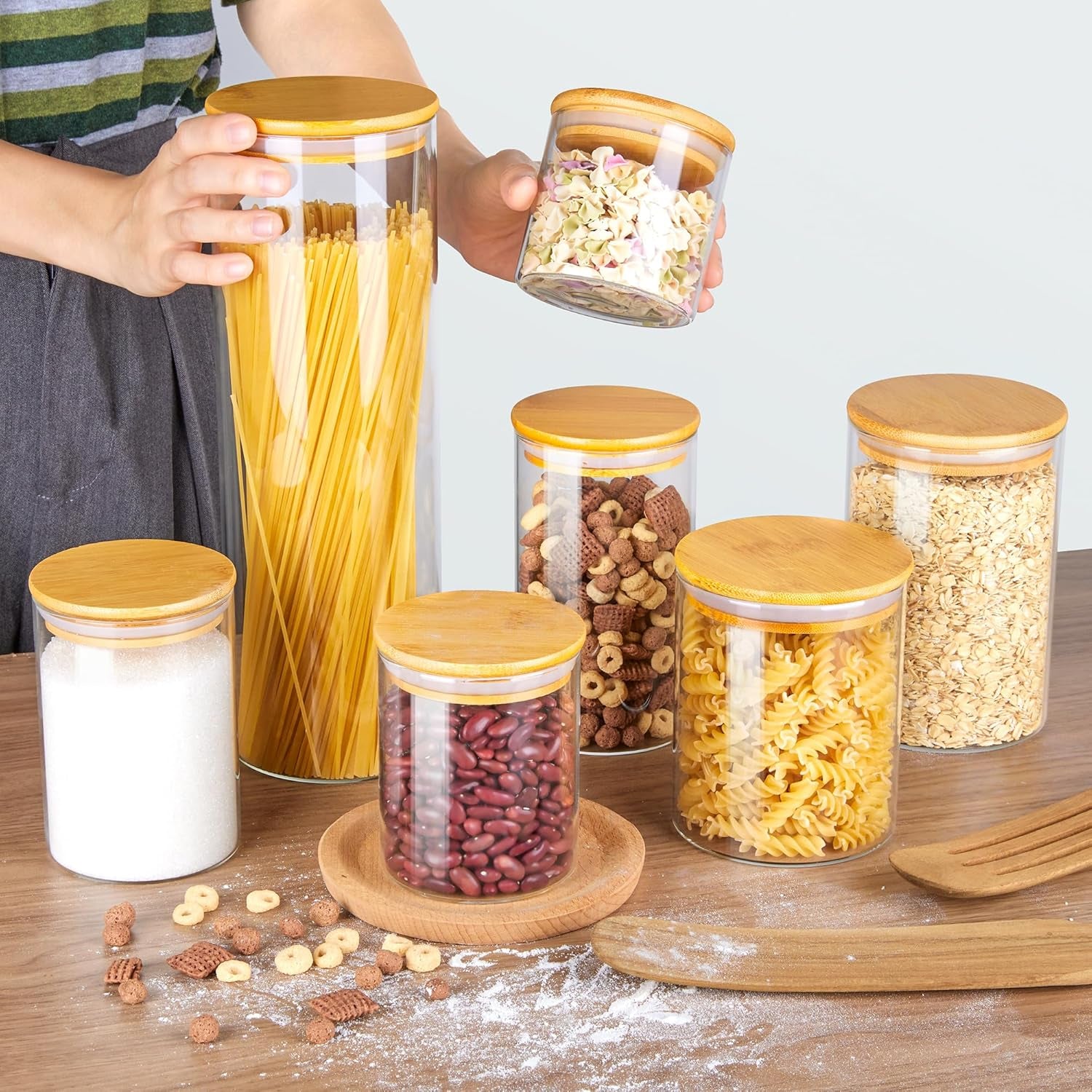 Glass Food Storage Jars, 7 Pack Kitchen Containers with Airtight Bamboo Wooden Lids for Pasta, Cookies, Nuts, Coffee Beans, Cereal, Canisters Set for Flour, Pantry Organization, BPA Free