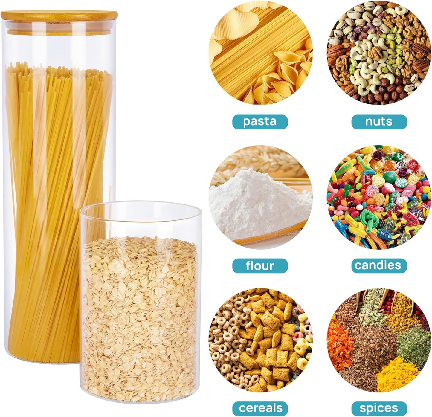 Glass Food Storage Jars, 7 Pack Kitchen Containers with Airtight Bamboo Wooden Lids for Pasta, Cookies, Nuts, Coffee Beans, Cereal, Canisters Set for Flour, Pantry Organization, BPA Free