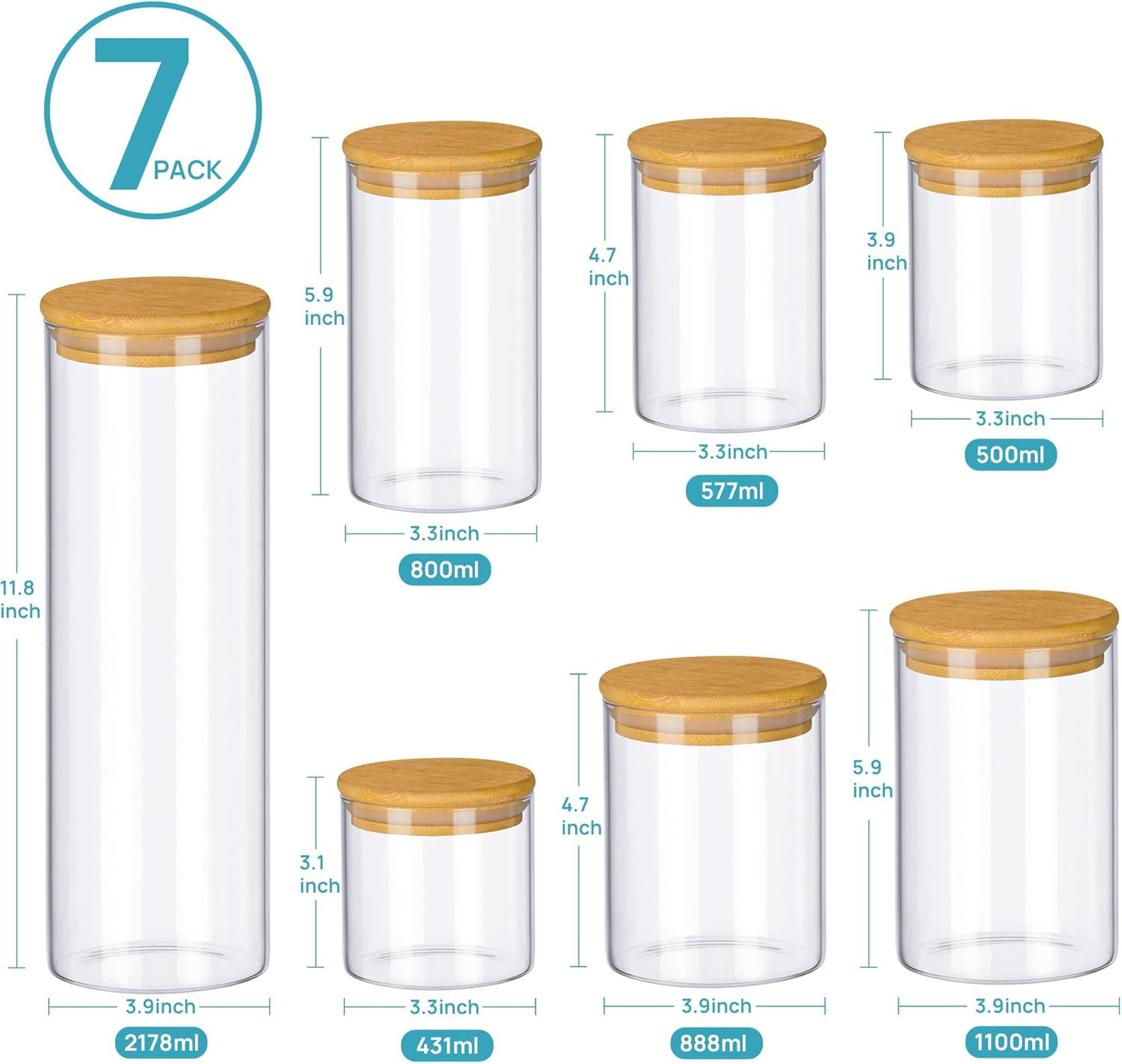 Glass Food Storage Jars, 7 Pack Kitchen Containers with Airtight Bamboo Wooden Lids for Pasta, Cookies, Nuts, Coffee Beans, Cereal, Canisters Set for Flour, Pantry Organization, BPA Free