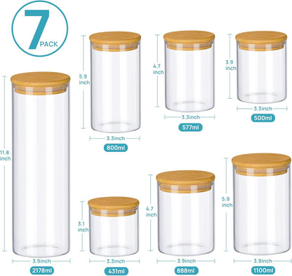Glass Food Storage Jars, 7 Pack Kitchen Containers with Airtight Bamboo Wooden Lids for Pasta, Cookies, Nuts, Coffee Beans, Cereal, Canisters Set for Flour, Pantry Organization, BPA Free